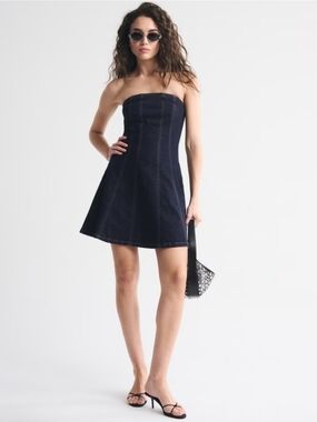 Rare Strapless Dark Blue Denim A-Line Mini Dress Cotton Size M 8-10
